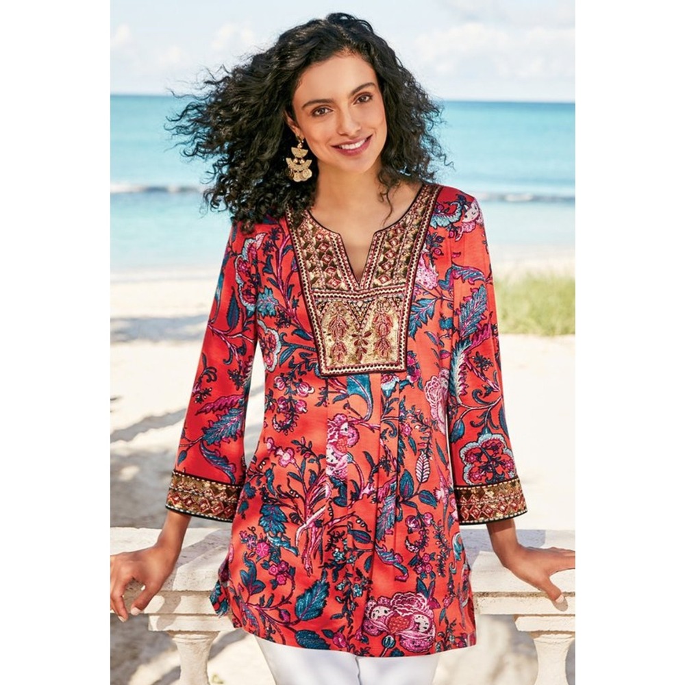 Soft Surroundings Samara Tunic‎ M Floral Embellished Maximalist Artsy Resort